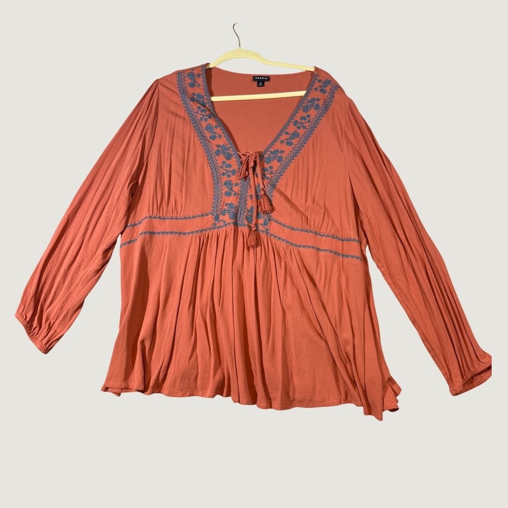 Torrid Embroidered Boho Blouse Women's 3X Terracotta Tassel Cottagecore